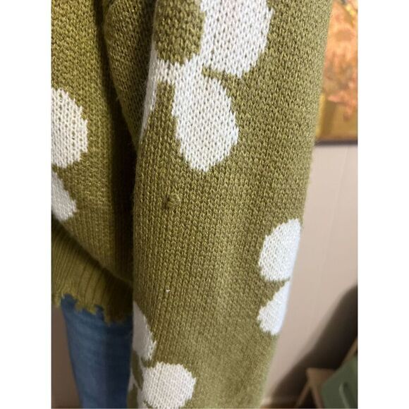 Hayden Distressed Floral Patterned Pullover Olive Green Oversized Sweater S - Picture 8 of 10
